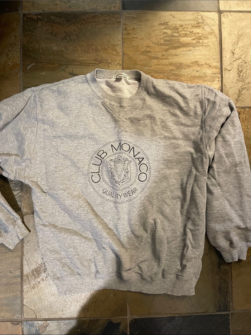 Club Monaco quality wear. Heritage crest. Light gray crewneck sweatshirt.